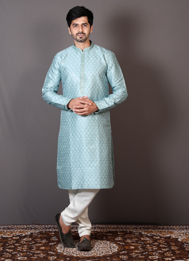 Online Shopping Sea Green Silk Printed Engagement Ceremony Kurta KF240541 Houston